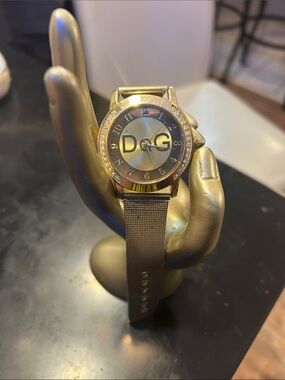 D&G Gold-Tone Mesh Bracelet Watch with Crystal Accents